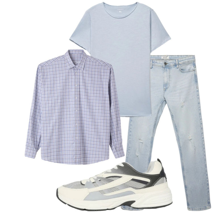 Outfit uomo - Total look #2345644. Stile Casual per Tutti i giorni. Abbinamento con camicie, sneakers, jeans strappati, t-shirt.