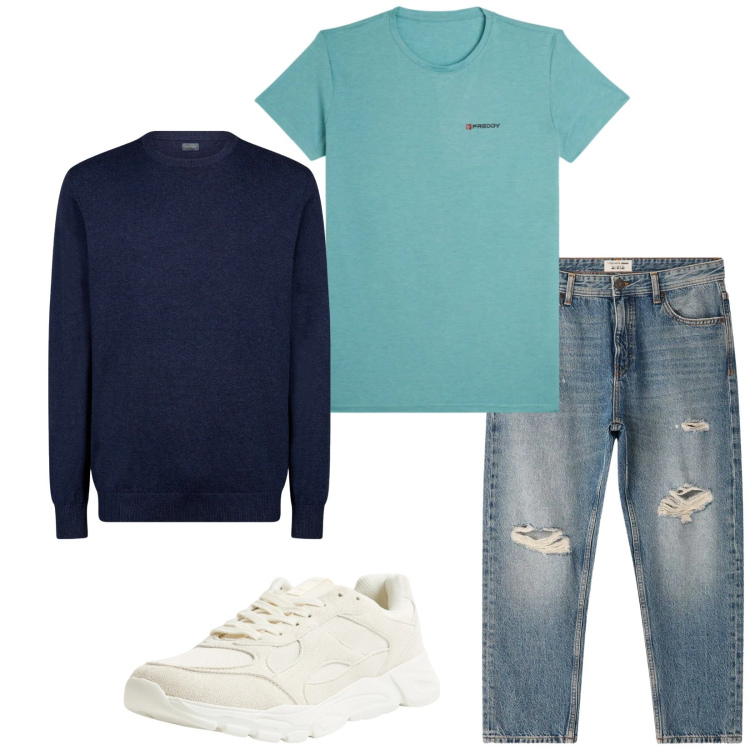 Outfit uomo - Total look #2345646. Stile Casual per Tutti i giorni. Abbinamento con sneakers, jeans strappati, t-shirt, maglieria.