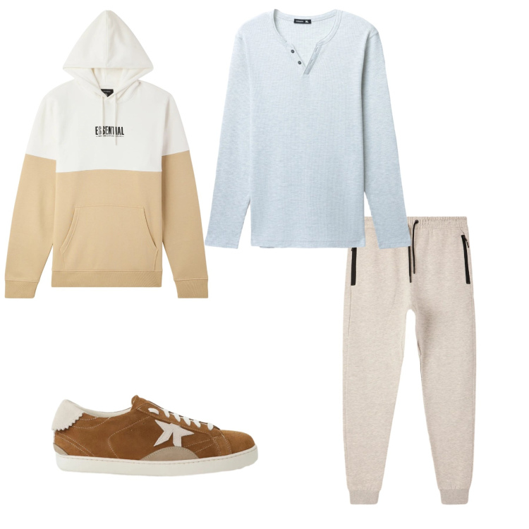 Outfit uomo - Sand & Sky Serenity. Stile Casual per Tutti i giorni. Abbinamento con sneakers, t-shirt, felpe sportive, pantaloni sportivi.