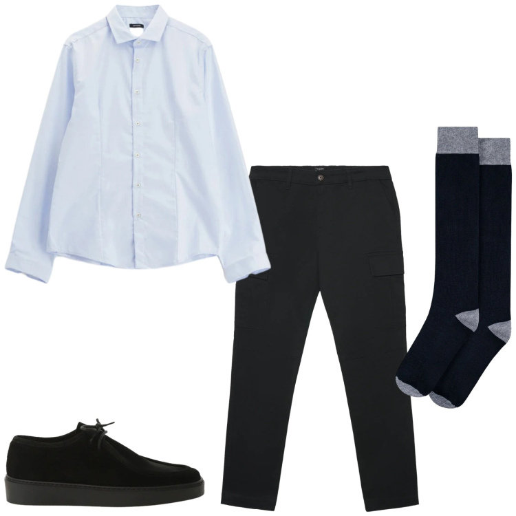 Outfit uomo - Total look #2345654. Stile Trendy per Serata speciale. Abbinamento con camicie, scarpe stringate, pantaloni cargo, calzini.