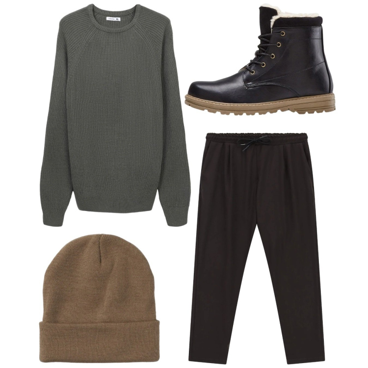 Outfit uomo - Total look #2345655. Stile Casual per Tutti i giorni. Abbinamento con stivali e stivaletti, pantaloni, berretti, maglieria.