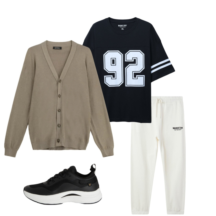 Outfit uomo - Campus Comfort Style. Stile Casual per Tutti i giorni. Abbinamento con cardigans, pantaloni sportivi, t-shirt sportive, sneakers.