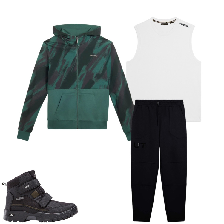 Outfit uomo - Obsidian Stealth & Forest. Stile Casual per Tutti i giorni. Abbinamento con stivali e stivaletti, felpe con cappuccio, pantaloni, canottiere.