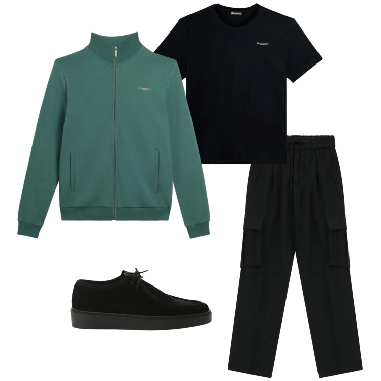 Outfit uomo - Sage Green Urban Utility. Stile Casual per Tutti i giorni. Abbinamento con pantaloni cargo, scarpe stringate, felpe, t-shirt.