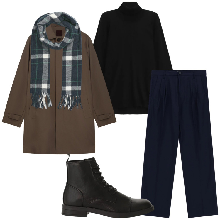 Outfit uomo - Total look #2345670. Stile Business/Elegante per Ufficio. Abbinamento con sciarpe, pantaloni, maglieria, anfibi, trench.