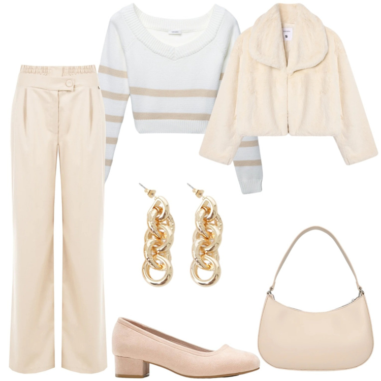 Outfit donna - Colori chiari e delicati. Stile Casual per Tutti i giorni. Abbinamento con décolleté, maglieria, ecopellicce, borse a tracolla, orecchini, pantaloni a palazzo.