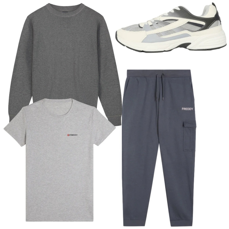 Outfit uomo - Total look #2345672. Stile Casual per Tutti i giorni. Abbinamento con sneakers, pantaloni cargo, t-shirt sportive, maglieria.