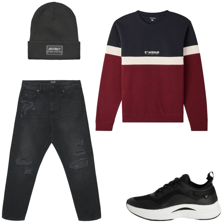 Outfit uomo - Total look #2345677. Stile Trendy per Tutti i giorni. Abbinamento con berretti, jeans strappati, felpe, sneakers.