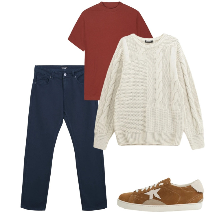 Outfit uomo - Febbraio. Stile Casual per Tutti i giorni. Abbinamento con maglieria, sneakers, jeans dritti, t-shirt.