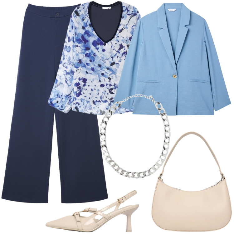 Outfit donna - Aspettando la primavera. Stile Bon Ton per Tutti i giorni. Abbinamento con bluse, blazer, décolleté, collane, pantaloni, borse a tracolla.