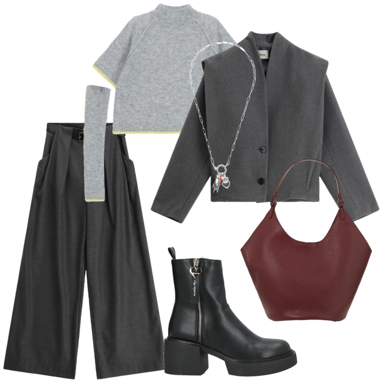 Outfit donna - Look grigio. Stile Casual per Tutti i giorni. Abbinamento con stivaletti, blazer, maglieria, pantaloni a palazzo, borse a spalla, ciondoli.