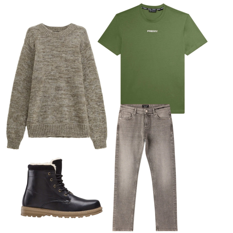 Outfit uomo - Mossy Highland Cabin. Stile Casual per Tutti i giorni. Abbinamento con stivali e stivaletti, jeans, maglieria, t-shirt.