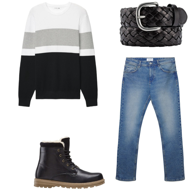 Outfit uomo - Total look #2345688. Stile Casual per Tutti i giorni. Abbinamento con stivali e stivaletti, jeans dritti, maglieria, cinture.