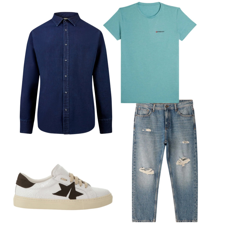 Outfit uomo - Coastal Denim Vibe. Stile Casual per Tutti i giorni. Abbinamento con jeans strappati, sneakers, t-shirt, camicie.