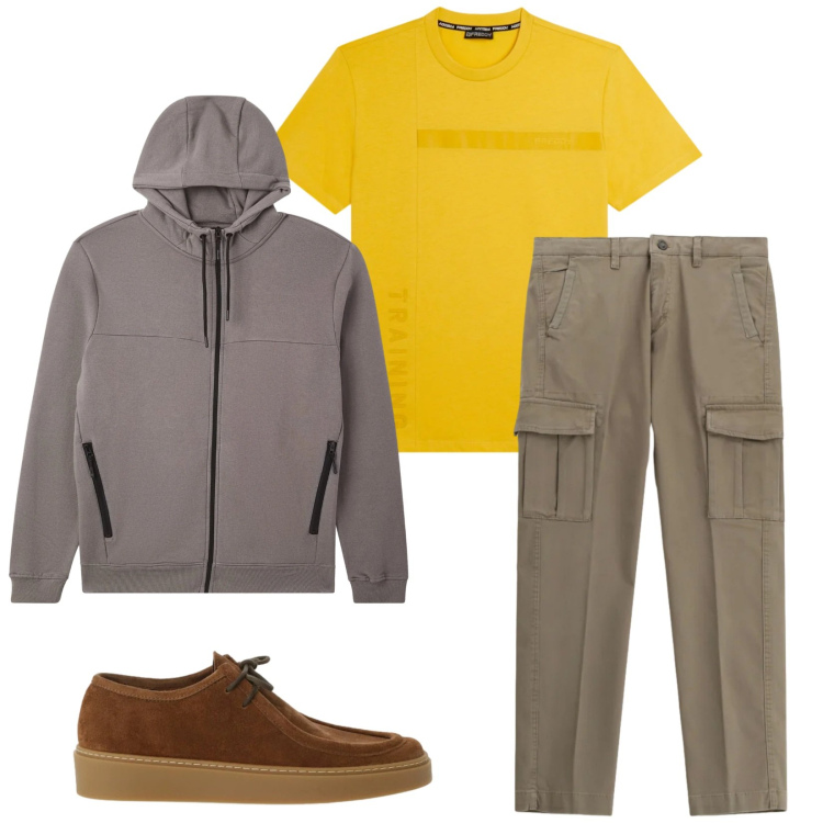 Outfit uomo - Total look #2345690. Stile Casual per Cerimonia. Abbinamento con t-shirt, pantaloni cargo, scarpe stringate, felpe con cappuccio.