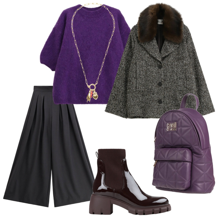 Outfit donna - Look. Stile Casual per Ufficio. Abbinamento con zaini, stivaletti, cappotti, maglieria, pantaloni a palazzo, ciondoli.