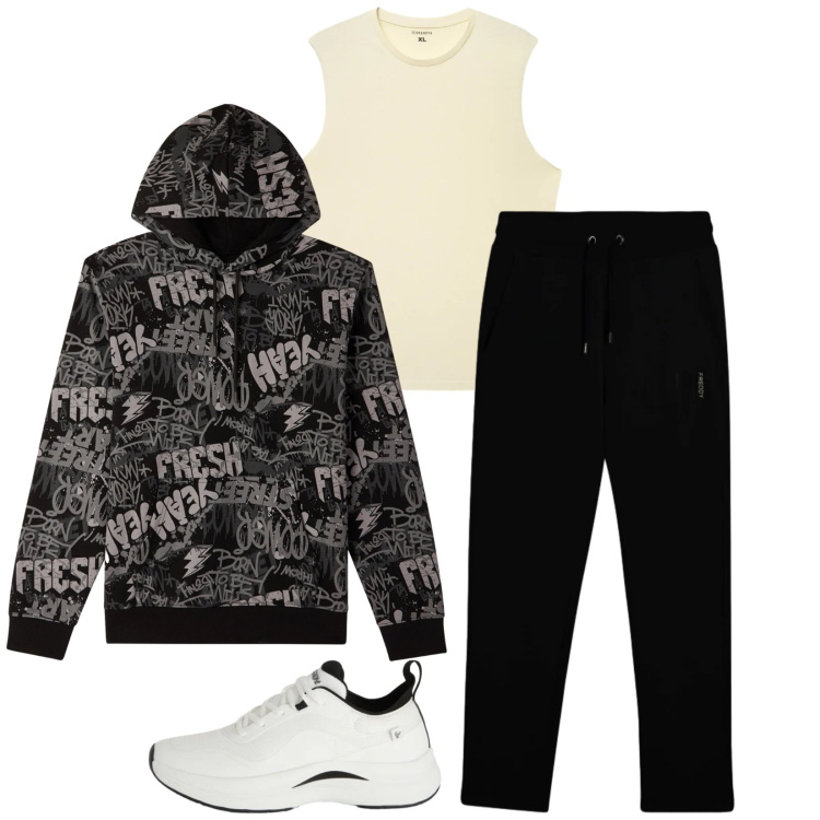 Outfit uomo - Total look #2345698. Stile Casual per Sport. Abbinamento con felpe con cappuccio, canottiere, pantaloni, sneakers.