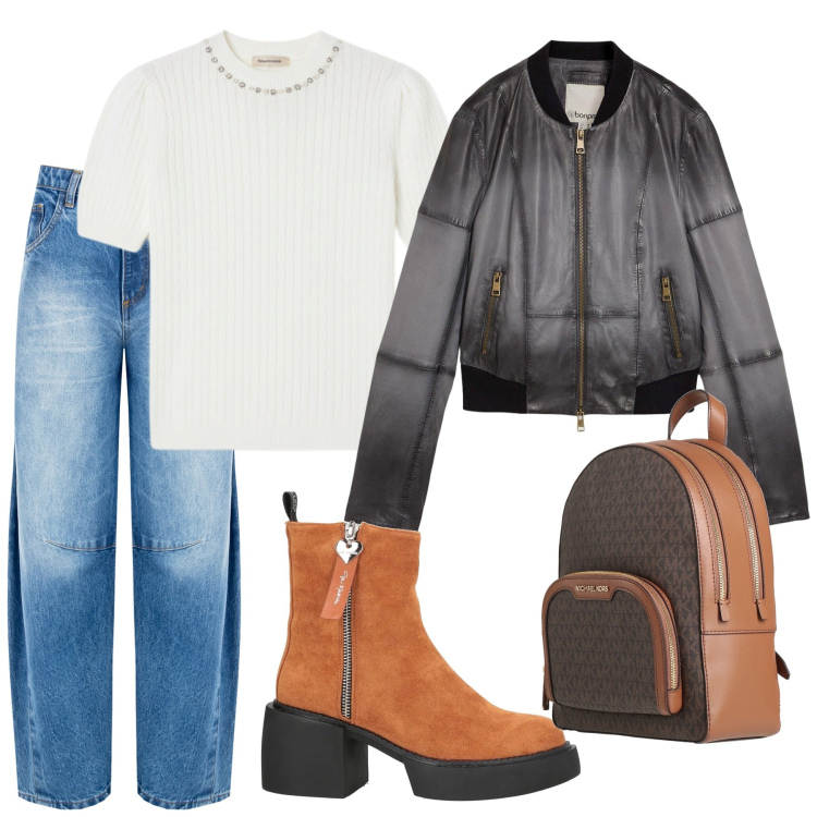 Outfit donna - Look. Stile Casual per Tutti i giorni. Abbinamento con stivaletti, zaini, blazer, jeans, pullovers.