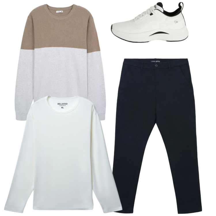 Outfit uomo - Total look #2345708. Stile Casual per Tutti i giorni. Abbinamento con pantaloni chino, maglieria, t-shirt, sneakers.