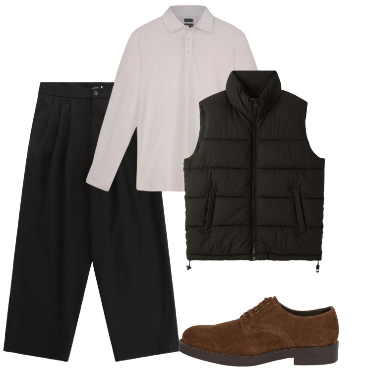 Outfit uomo - City. Stile Casual per Tutti i giorni. Abbinamento con pantaloni, piumini, scarpe stringate, polo.