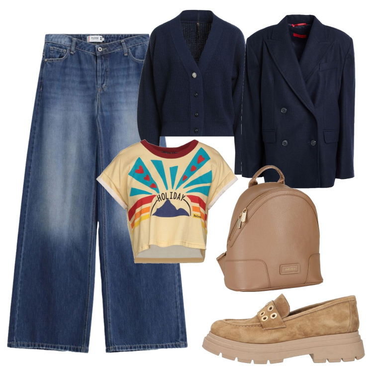 Outfit donna - Daily outfit. Stile Casual per Tutti i giorni. Abbinamento con mocassini, t-shirt, caban, cardigans, zaini, jeans.