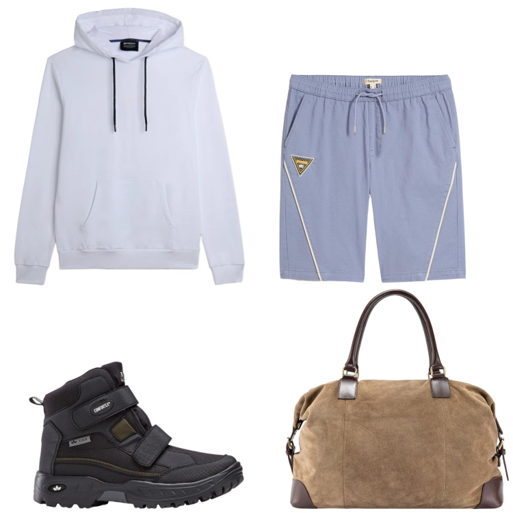 Outfit uomo - Total look #2345712. Stile Trendy per Sport. Abbinamento con stivali e stivaletti, bermuda, felpe con cappuccio, borse sportive.