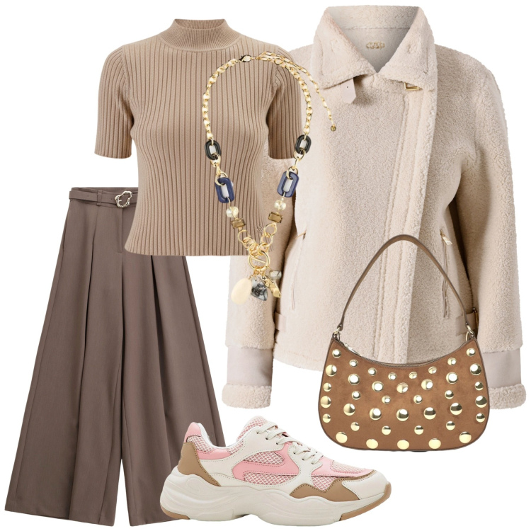 Outfit donna - Look. Stile Casual per Tutti i giorni. Abbinamento con sneakers, borse a tracolla, pantaloni, collane, ecopellicce, pullovers.