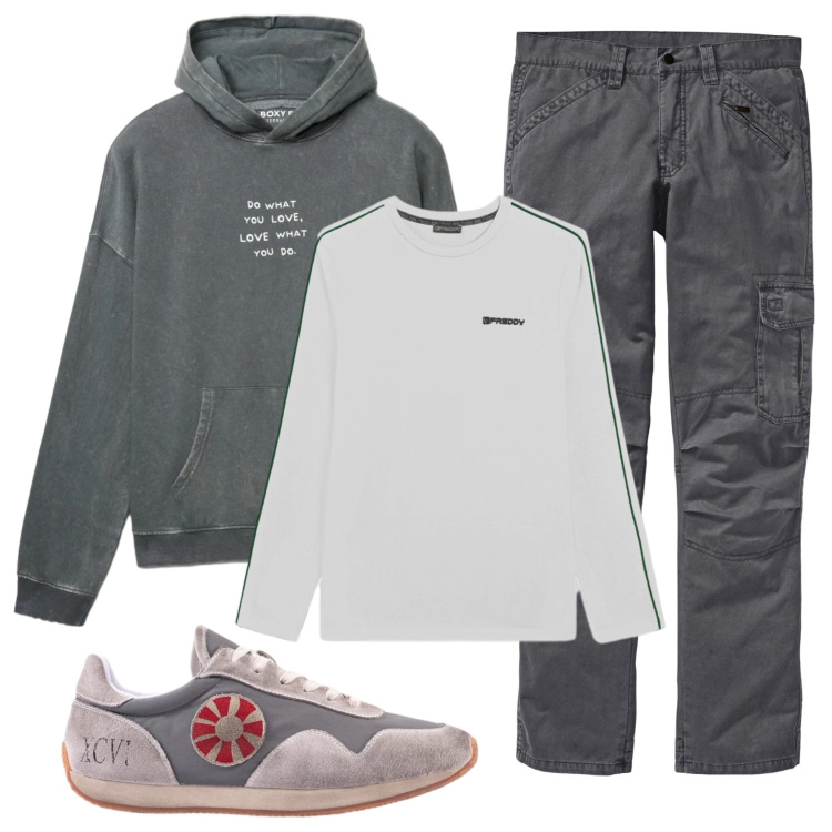 Outfit uomo - Total look #2345722. Stile Casual per Tutti i giorni. Abbinamento con pantaloni cargo, felpe con cappuccio, t-shirt, sneakers.