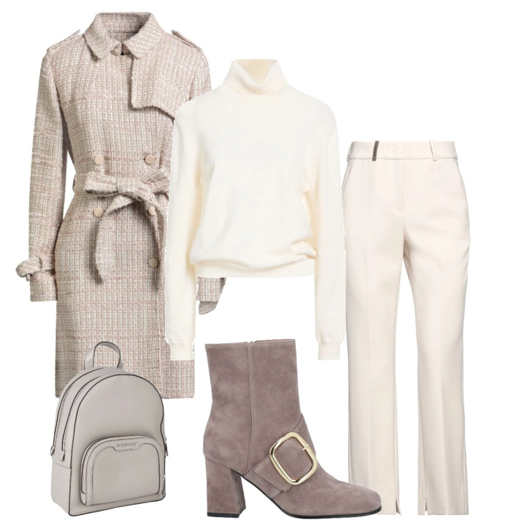 Outfit donna - Toni soft. Stile Casual chic per Ufficio. Abbinamento con maglieria, zaini, pantaloni, cappotti, stivaletti.