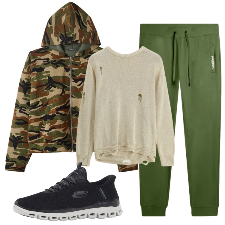 Outfit uomo - Total look #2345725. Stile Casual per Tutti i giorni. Abbinamento con sneakers, maglieria, felpe con cappuccio, pantaloni.