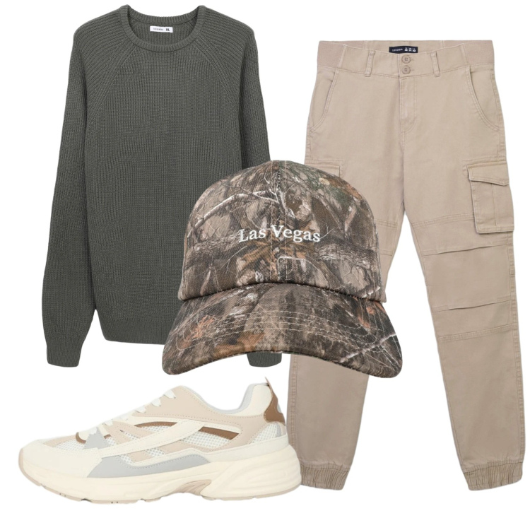 Outfit uomo - Total look #2345726. Stile Casual per Tutti i giorni. Abbinamento con sneakers, pantaloni cargo, maglieria, cappelli con visiera.