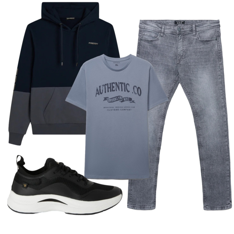 Outfit uomo - Total look #2345731. Stile Casual per Tutti i giorni. Abbinamento con t-shirt, jeans skinny, sneakers, felpe con cappuccio.