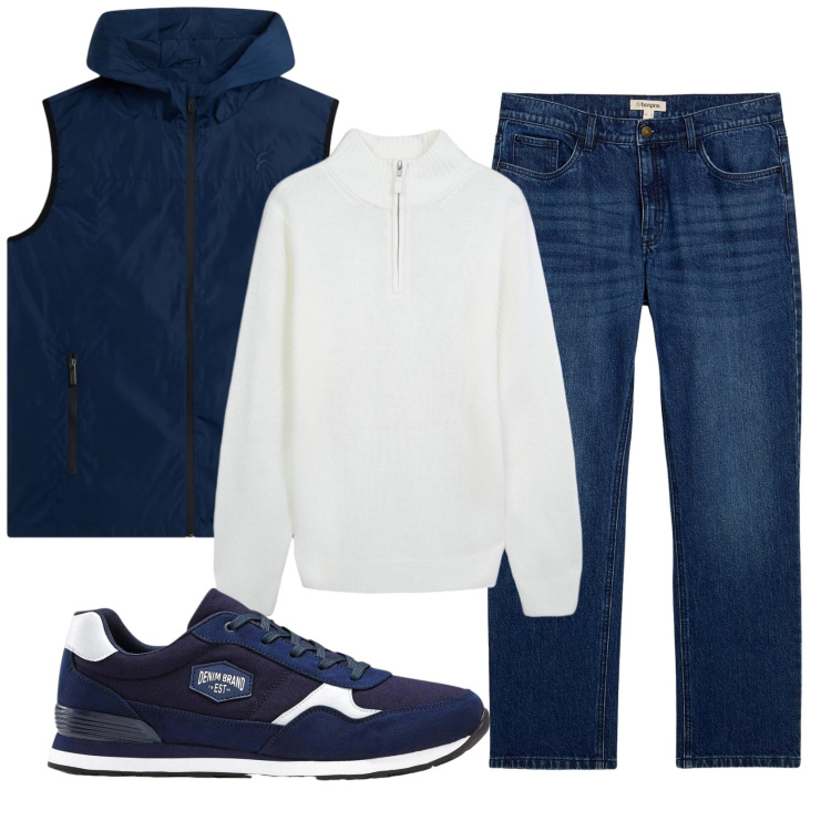 Outfit uomo - Total look #2345734. Stile Casual per Ufficio. Abbinamento con sneakers, jeans dritti, maglieria, piumini.