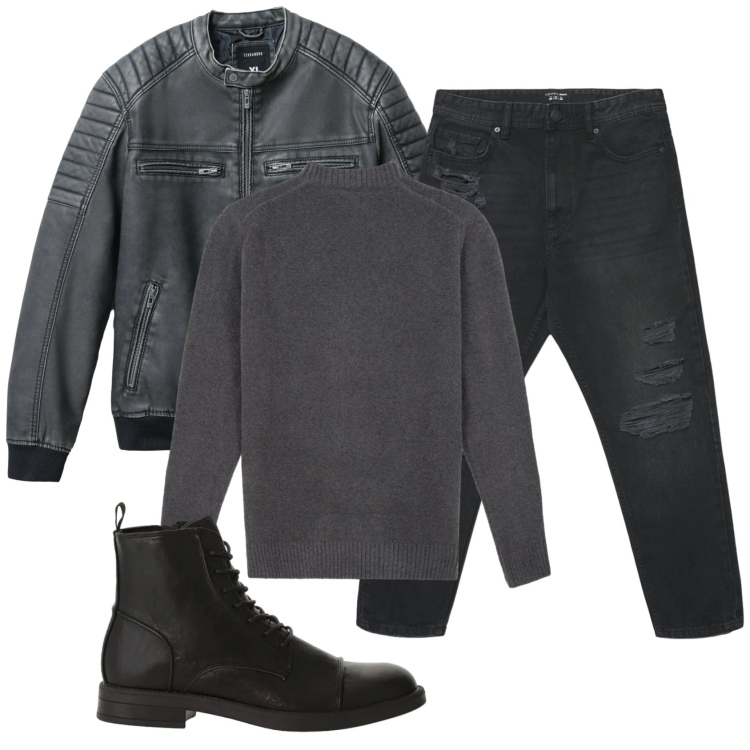 Outfit uomo - Total look #2345738. Stile Casual per Tutti i giorni. Abbinamento con anfibi, giacche, jeans strappati, maglieria.