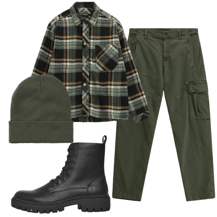 Outfit uomo - Total look #2345739. Stile Casual per Tutti i giorni. Abbinamento con pantaloni cargo, camicie, anfibi, berretti.