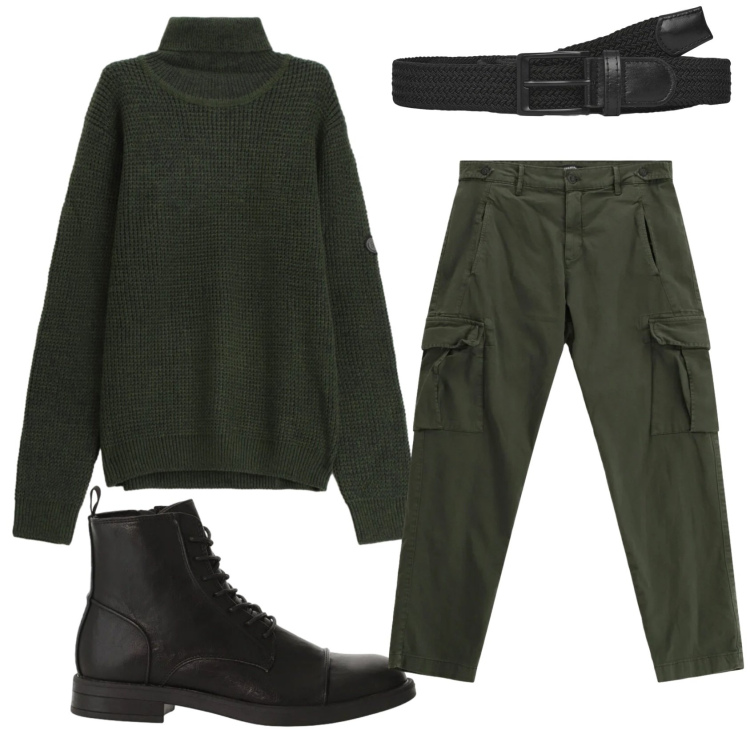 Outfit uomo - Total look #2345742. Stile Casual per Tutti i giorni. Abbinamento con pantaloni cargo, maglieria, anfibi, cinture.