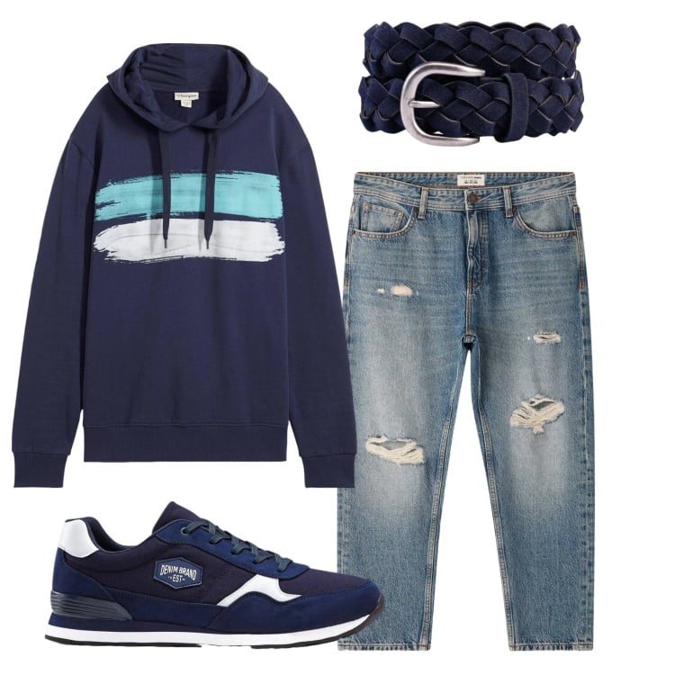 Outfit uomo - Total look #2345743. Stile Casual per Tutti i giorni. Abbinamento con sneakers, felpe con cappuccio, jeans strappati, cinture.