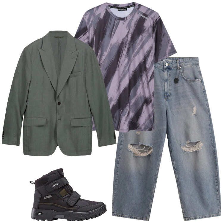 Outfit uomo - Total look #2345744. Stile Trendy per Serata speciale. Abbinamento con stivali e stivaletti, jeans strappati, t-shirt, giacche.