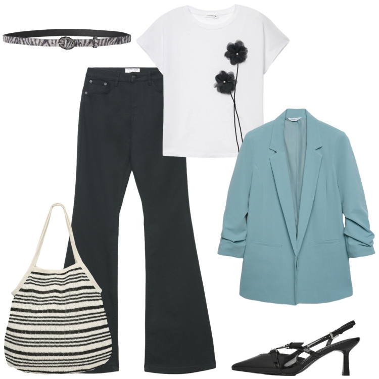 Outfit donna - Spring starts here. Stile Casual chic per Tutti i giorni. Abbinamento con t-shirt, blazer, jeans a zampa, cinture, shopping bag, décolleté.