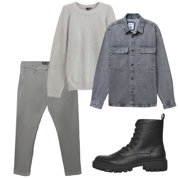 Outfit uomo - Febbraio. Stile Casual per Tutti i giorni. Abbinamento con anfibi, pantaloni chino, cappotti, maglieria.