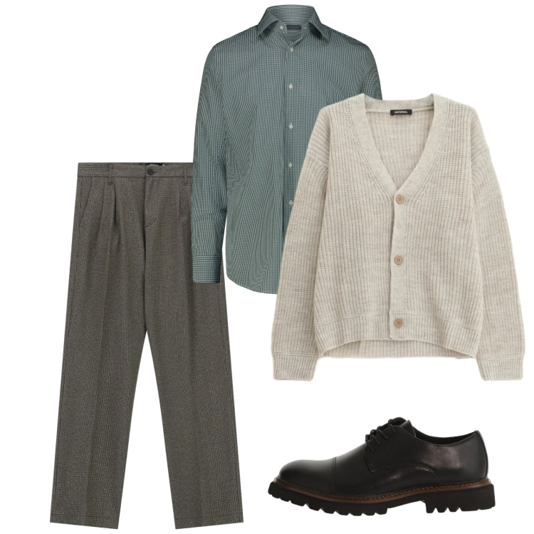 Outfit uomo - Febbraio. Stile Casual per Tutti i giorni. Abbinamento con pantaloni, cardigans, scarpe stringate, camicie.