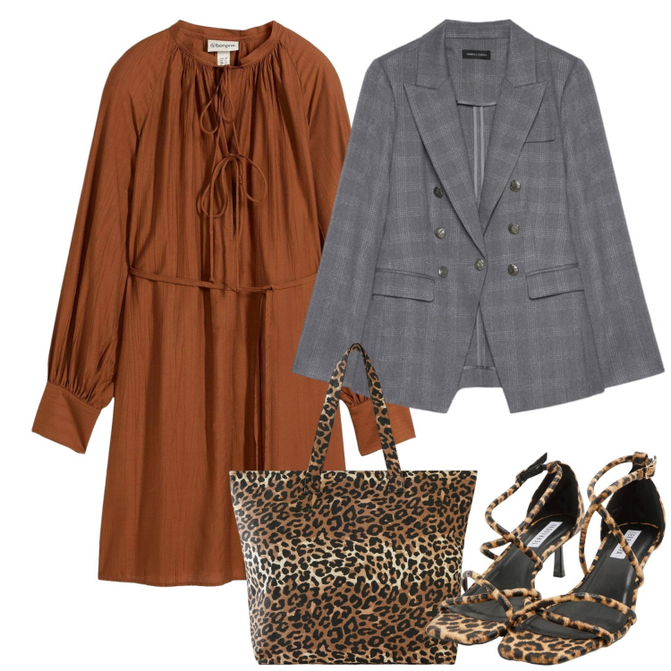 Outfit donna - Febbraio. Stile Chic per Tutti i giorni. Abbinamento con vestiti, shopping bag, sandali col tacco, blazer.