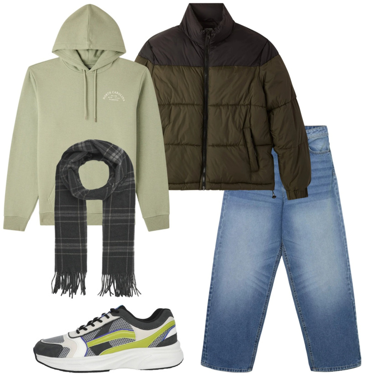 Outfit uomo - Total look #2345782. Stile Casual per Tutti i giorni. Abbinamento con jeans, sciarpe, bomber, sneakers, felpe con cappuccio.