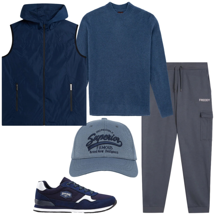Outfit uomo - Walking. Stile Casual per Sport. Abbinamento con sneakers, cappelli con visiera, pantaloni cargo, piumini, maglieria.