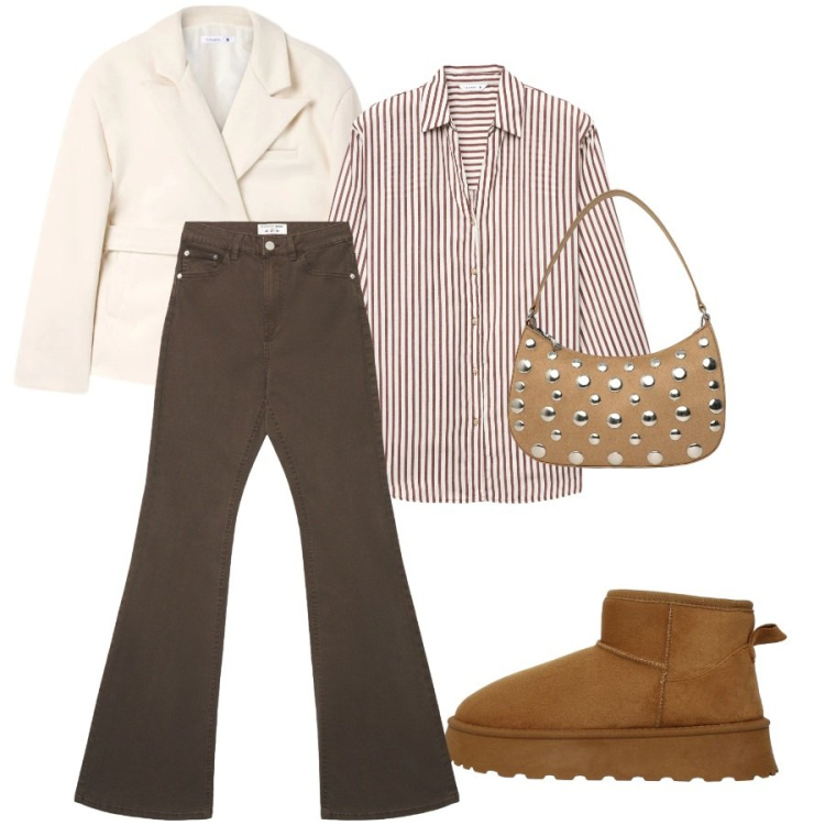 Outfit donna - Total look #2345788. Abbinamento con jeans a zampa, camicie, blazer, stivali, borse a tracolla.