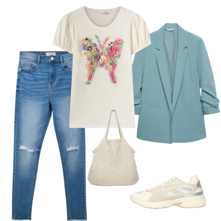 Outfit donna - Total look #2345789. Abbinamento con blazer, t-shirt, sneakers, jeans strappati, shopping bag.