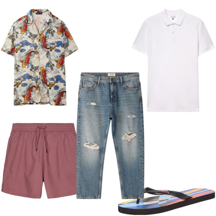 Outfit uomo - Total look #2345877. Stile Trendy per Mare. Abbinamento con sandali, camicie a manica corta, polo, jeans strappati, costumi.