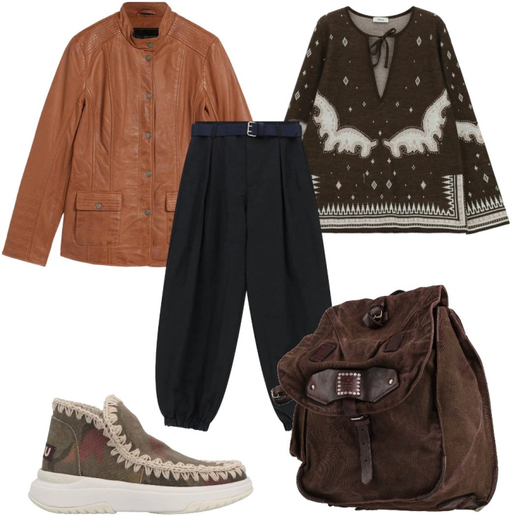 Outfit donna - Total look #2345884. Stile Etnico per Tutti i giorni. Abbinamento con stivaletti, zaini, blazer, pantaloni, maglieria.