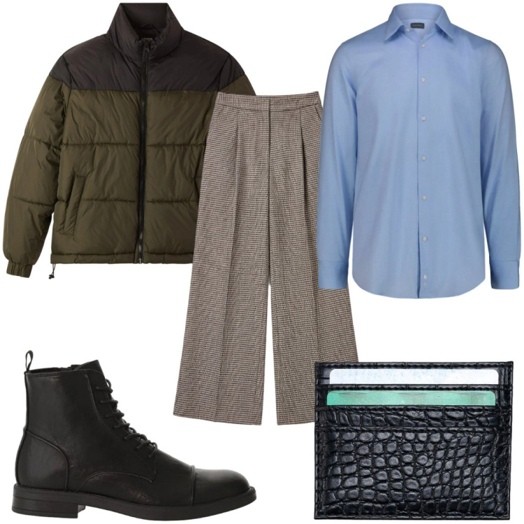 Outfit uomo - Total look #2345891. Stile Casual per Tutti i giorni. Abbinamento con anfibi, bomber, pantaloni a palazzo, portafogli, camicie.