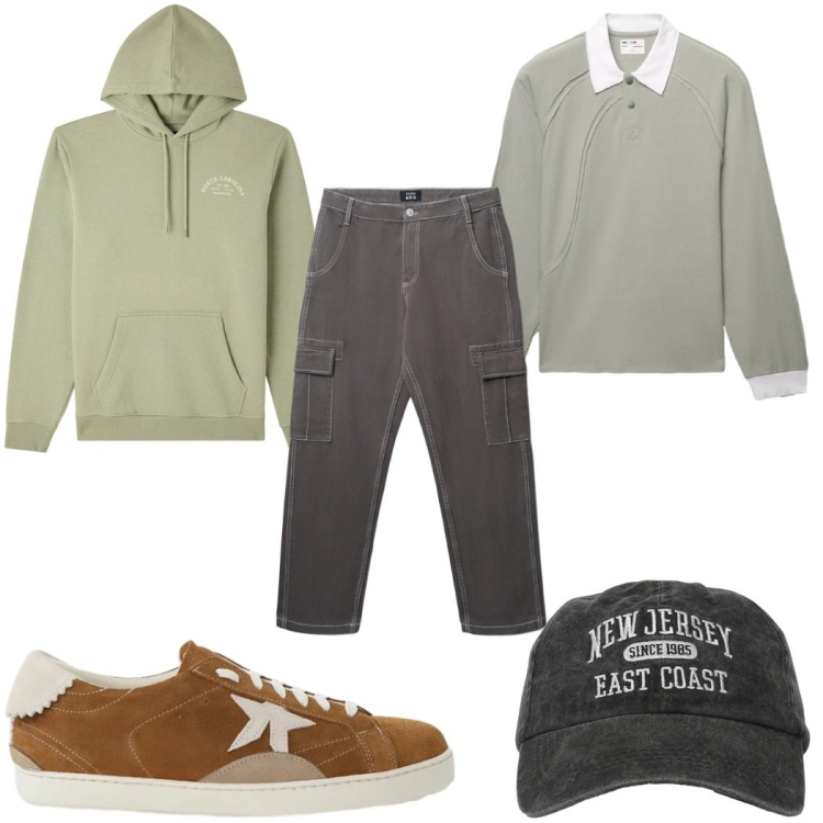 Outfit uomo - Total look #2345900. Stile Casual per Tutti i giorni. Abbinamento con sneakers, cappelli con visiera, pantaloni cargo, polo, felpe con cappuccio.